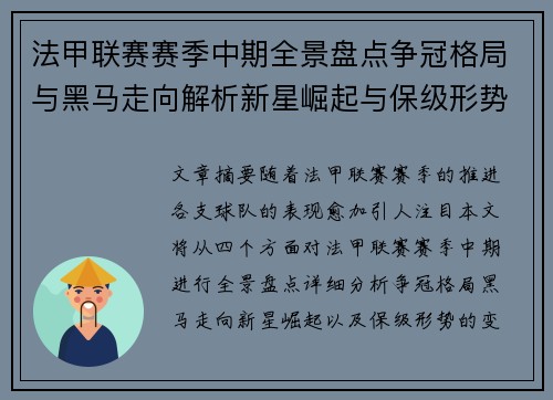 法甲联赛赛季中期全景盘点争冠格局与黑马走向解析新星崛起与保级形势观察